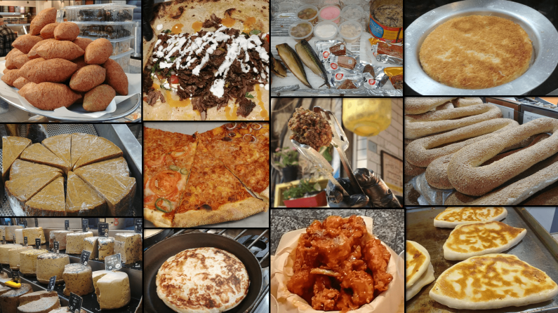A collage of the multicultural food offerings from Jerusalem's Machane Yehuda Market