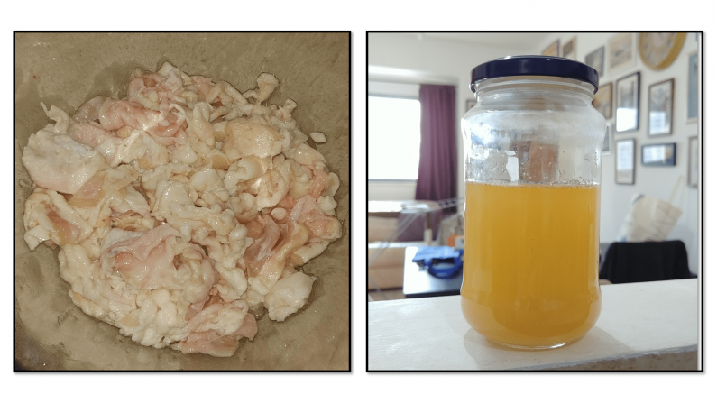 Schmaltz in a jar, rendered from chicken fat and skin. Ashkenazi food at its best.