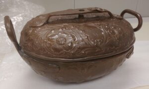 How they cooked chulent in 18th century Poland. A brass cooking pot.