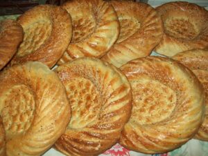 Bukharian non bread, round with design pressed into the middle